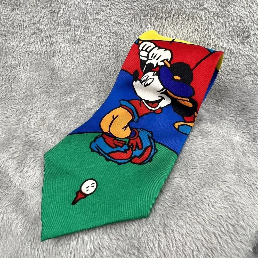 Mickey Mouse Playing Golf Novelty Necktie Tie Silk Blue Green Yellow Vintage NWT